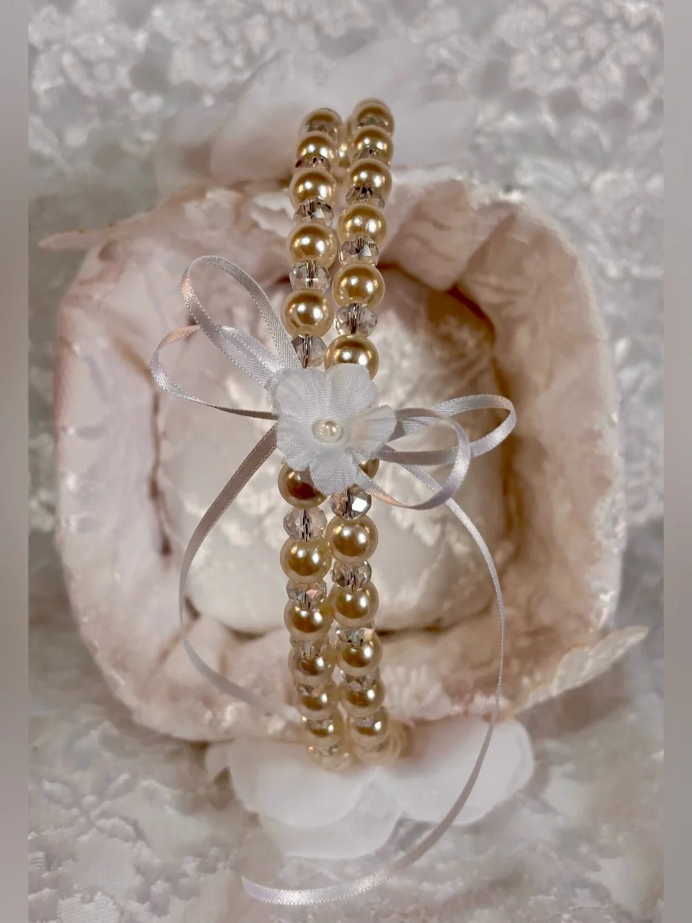 🤍 Handmade Solid White Lace Ring Pillow and Flower Basket Set